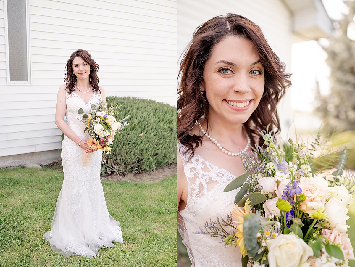 Portraits of the bride with her bouquet standing in front of a white church.