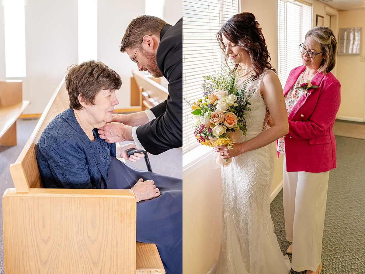 Groom pinning flowers on his mother, and bride's mother zipping her dress