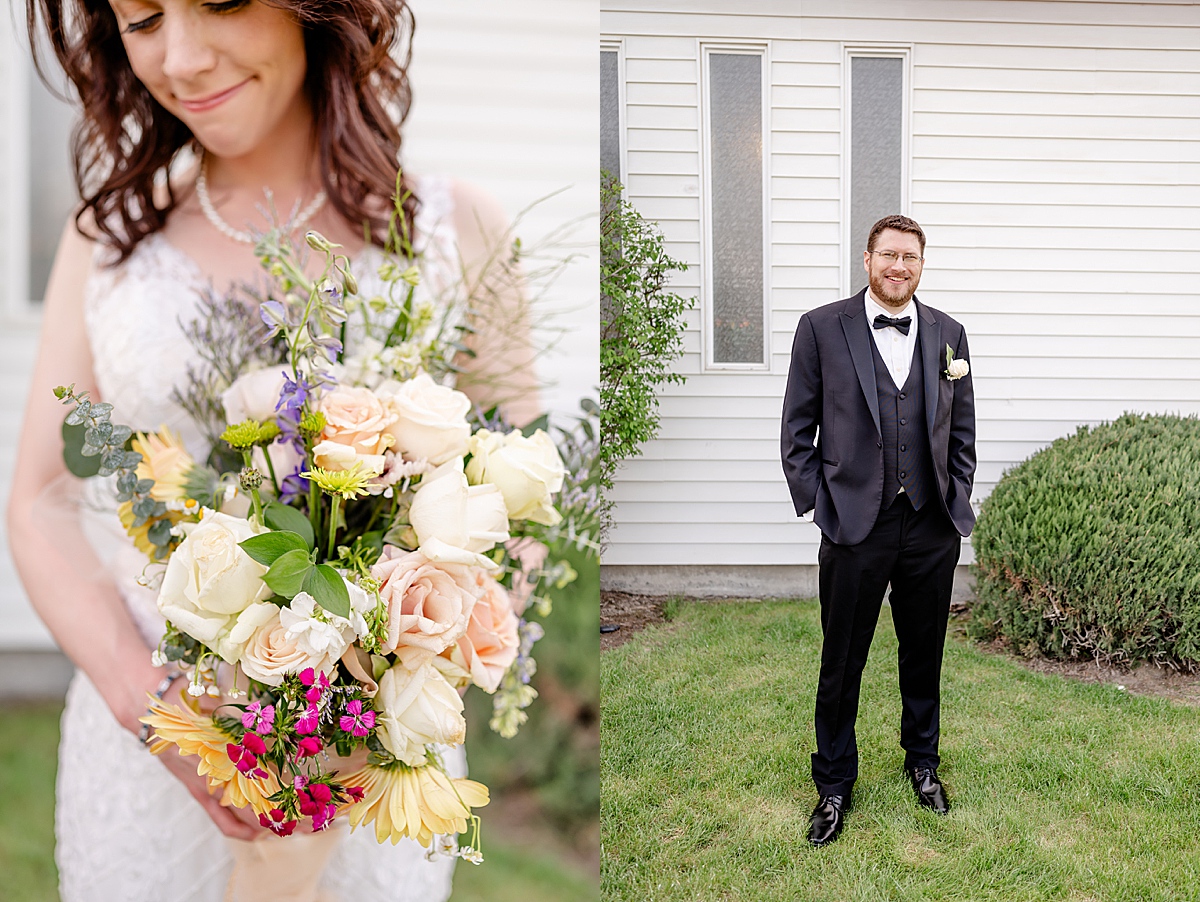Portraits of the bride with her bouquet and the groom standing in front of a white church.