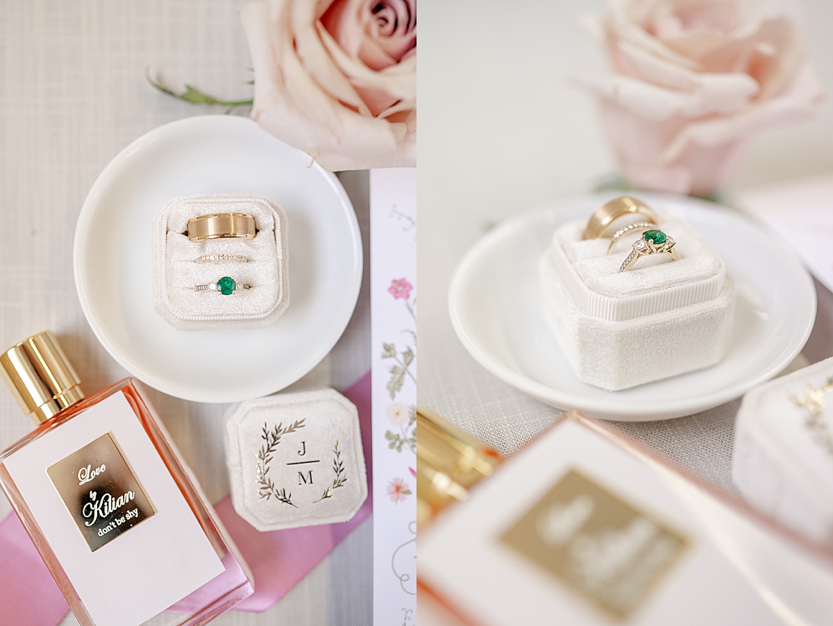 Close up images of the wedding rings on a white dish