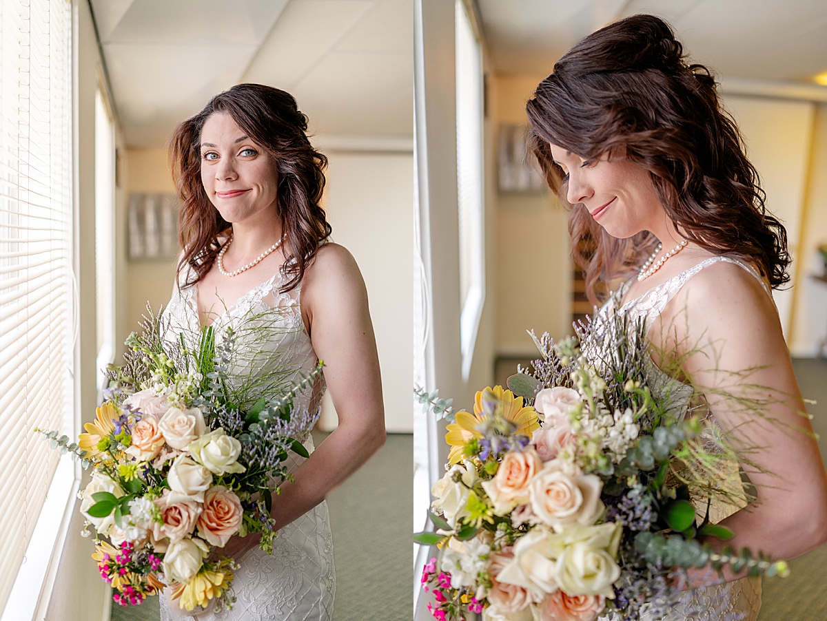 Bride holding a large bouquet.
